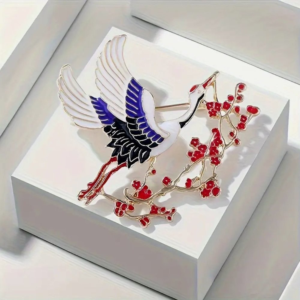 NWOT Beautiful Enamel Bird And Cherry Blossom • Crane Brooch